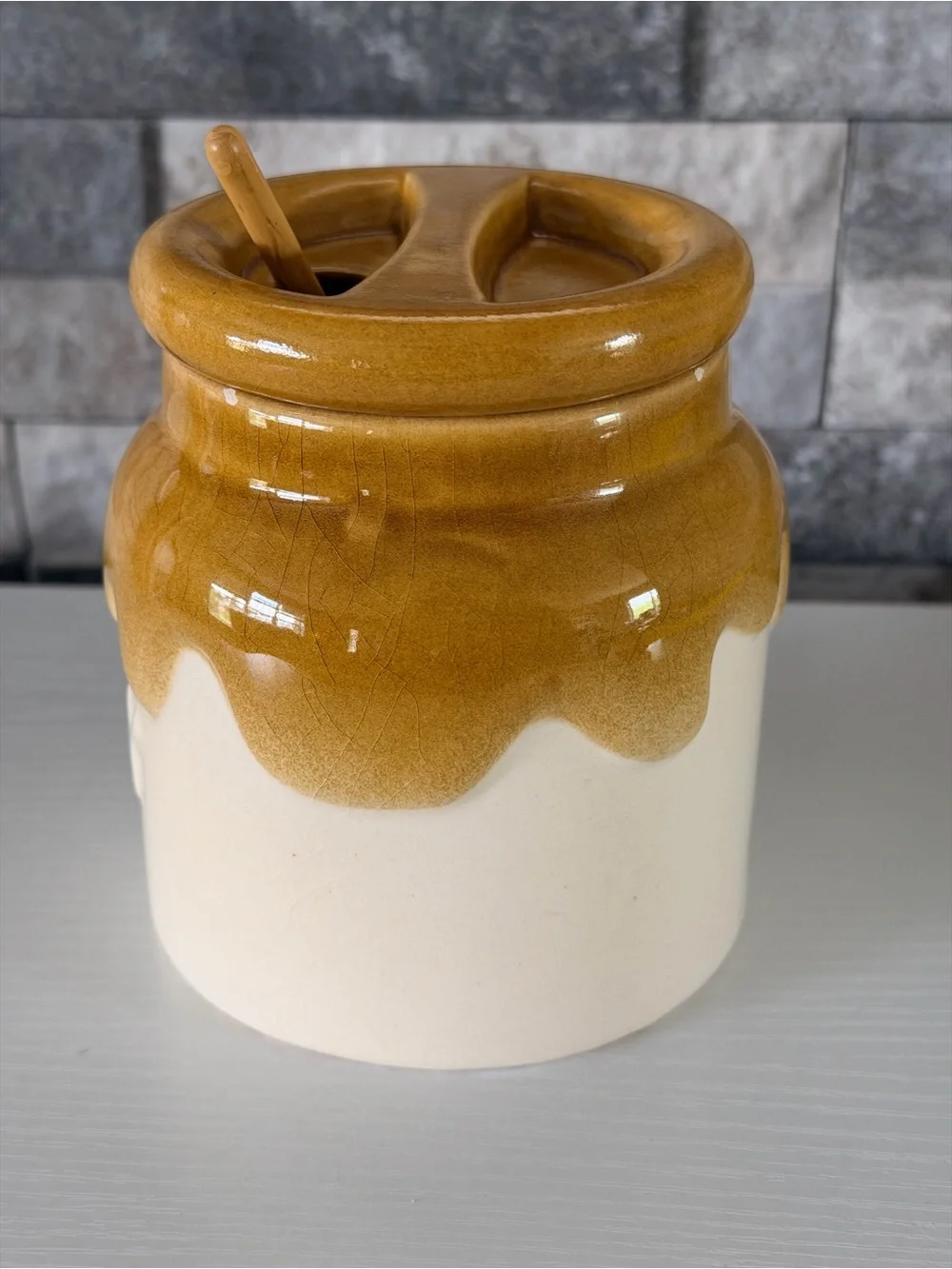 Vtg 1982 Teleflora Ceramic Honey Pot Jar With Lid & Dipper Handmade in Portugal